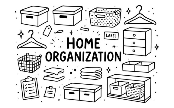 Hand drawn home organization icons: storage solutions and organizing essentials