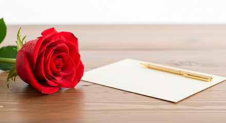 Close-up of a Single Red Rose Next to a Card on a Wooden Table with a White Background