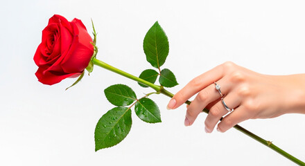 Hand Holding a Single Red Rose on a White Background