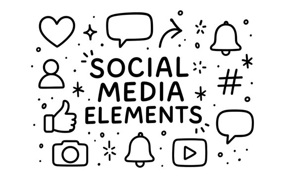 Hand-drawn social media icon set with communication symbols and elements