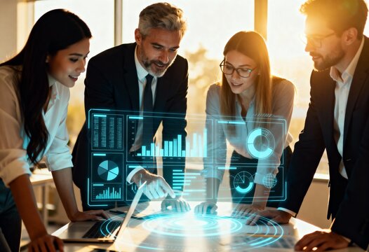 A diverse team collaborates around a glowing holographic data interface in a sunlit office – innovation, digital transformation, corporate strategy