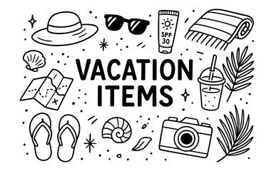 Fototapeta premium Essential summer vacation items in black and white doodle art