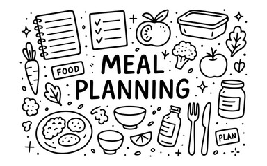 Meal planning doodle art with food icons and checklists