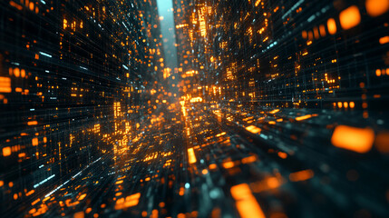 Futuristic big data and AI visualization showing complex neural network flows, machine learning patterns, and dynamic information streams in glowing 3D cyberspace.