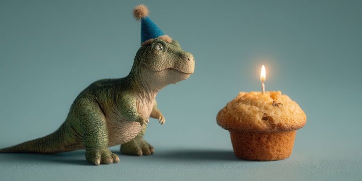 Adorable Dinosaur Celebrating Birthday with Muffin and Candle