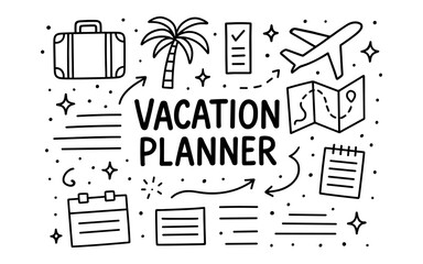Travel planning doodle with vacation icons and sketchy elements