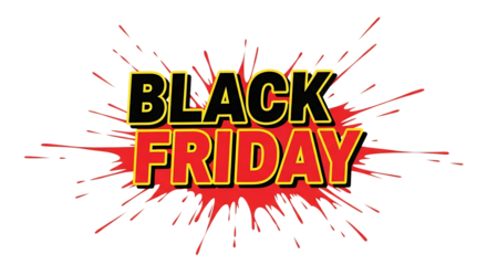 Black friday sale advertisement isolated on transparent background with red splash