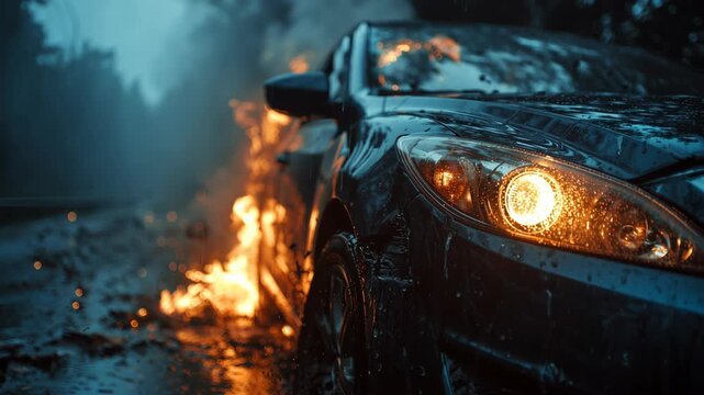 Car Wreck at Night with Headlight on Fire