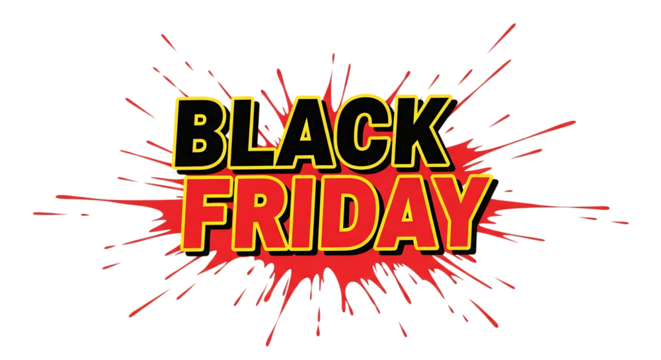 Black friday sale advertisement isolated on transparent background with red splash - Powered by Adobe