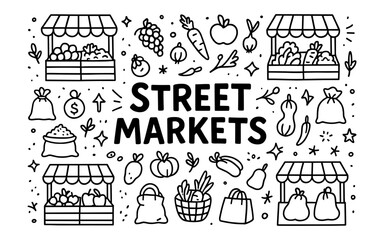 Street markets doodle with fresh produce and shopping elements