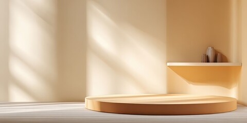 Empty Kitchen Interior with Product Display Podium and Light Effects