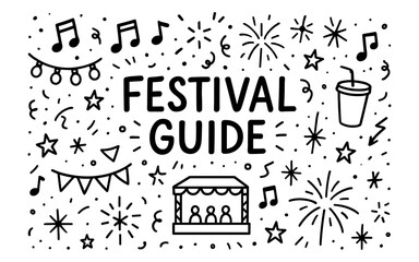 Festival guide: hand-drawn doodle with music, fireworks, and celebration icons