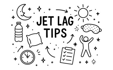 Jet lag tips with hand-drawn doodles on travel essentials and sleep aids