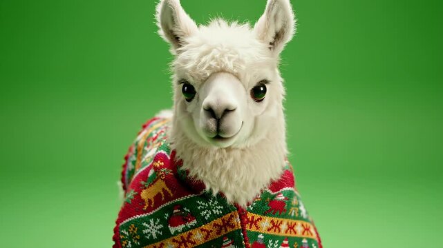 Cute White Llama Wearing a Festive Christmas Sweater on a Green Background.