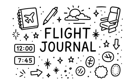 Travel planning doodle: flight journal with icons of airplane, time, and seat