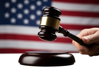 Judges gavel about to strike on the background of the american flag