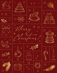 Elegant Christmas advent calendar line art illustration.Minimalist line art advent calendar with Christmas icons on a red background. Gold outline festive elements such as gifts, ornaments