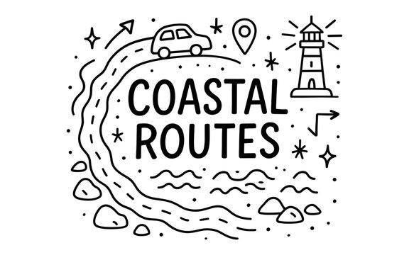 Coastal routes journey: a minimalist road trip adventure with lighthouse and scenic travel icons