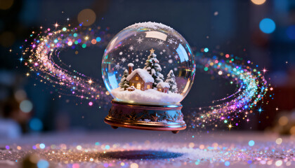 Snow globe floating in mid-air with glitter trails. Magical levitation effect.