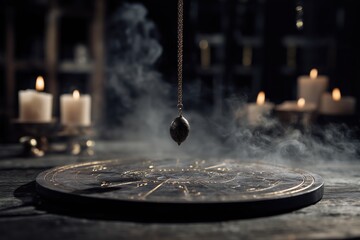 Obraz premium A pendulum swings above an ornate wooden board surrounded by flickering candles, shrouded in mystical smoke, evoking a sense of magical foresight.