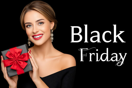 Smiling elegant woman in black dress holding gift box with red bow for Black Friday sale