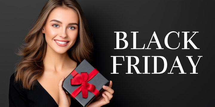 Charming young woman in black outfit holding Black Friday present with red bow