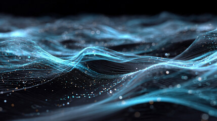 Futuristic big data and AI visualization showing complex neural network flows, machine learning patterns, and dynamic information streams in glowing 3D cyberspace.