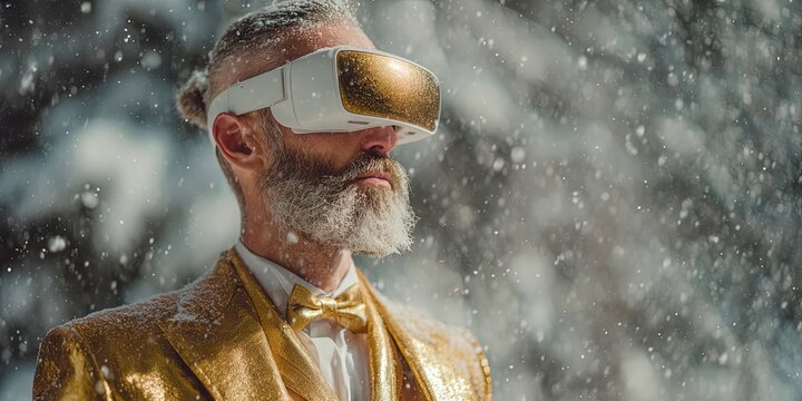 Futuristic Hipster Santa in Gold Suit with VR Glasses Amid Snowfall
