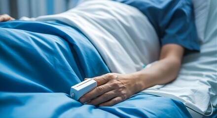 Patient lying in a hospital bed with an oxygen saturation monitor (Oximeter) on his finger. Concept of medical care and recovery