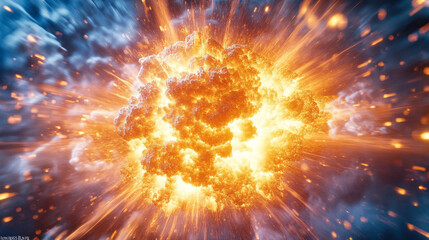 Molecular energy explosion frozen in midair with vibrant glowing particles radiating dynamic force, capturing futuristic scientific power, abstract energy, and dramatic digital visualization