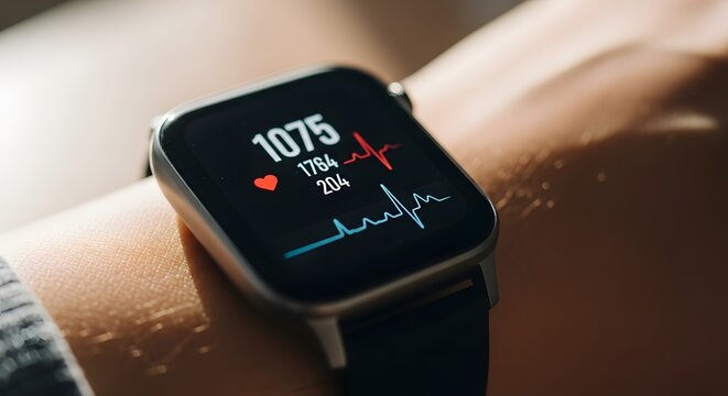 Heart Rate Monitor: Captures a moment of self-awareness. It showcases a smartwatch displaying heart rate data on a wrist, offering a glimpse into the wearer's health metrics.