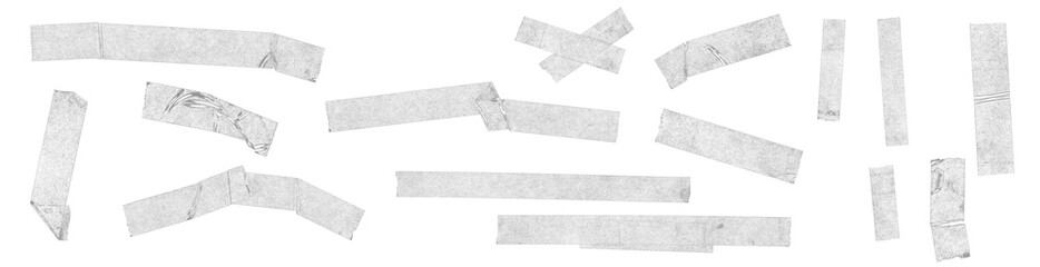 Realistic clear adhesive tape strips. Set of torn, wrinkled, and folded transparent tape pieces.