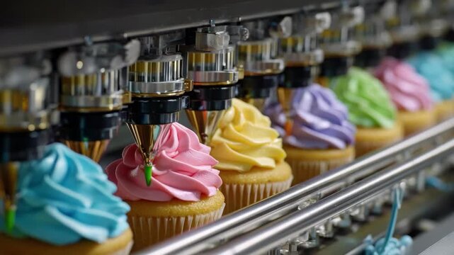 Medium shot showing multinozzle robotic cake decorator simultaneously piping various icing colors for detailed and vibrant cake decorations.