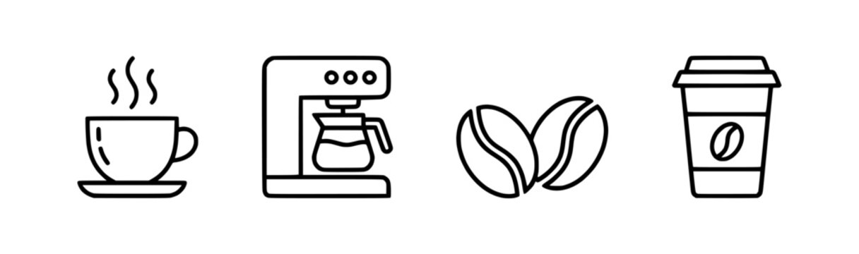 A simple black line art icon set for coffee lovers, illustrating the process from roasted bean to brewed beverage in a cup or machine