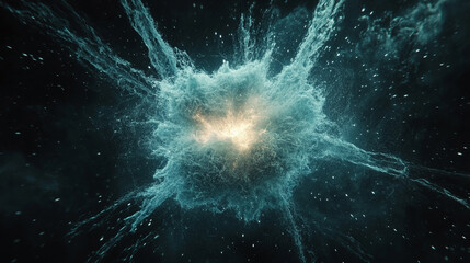 Molecular energy explosion frozen in midair with vibrant glowing particles radiating dynamic force, capturing futuristic scientific power, abstract energy, and dramatic digital visualization