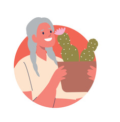 Elderly woman holding cactus flowerpot