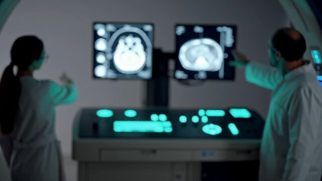 Dim MRI control suite with aqua console lights and technicians gesturing toward softly blurred monitors, creating a calm diagnostic atmosphere in a fully defocused, out-of-focus medical scene.