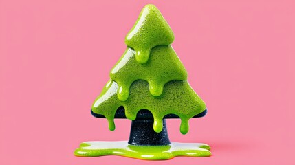 A stylized green Christmas tree with a glossy finish, dripping slime, set against a pink background