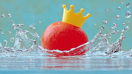 A vibrant orange ball with a yellow crown splashing in water, creating dynamic waves and droplets, set against a soft blue background