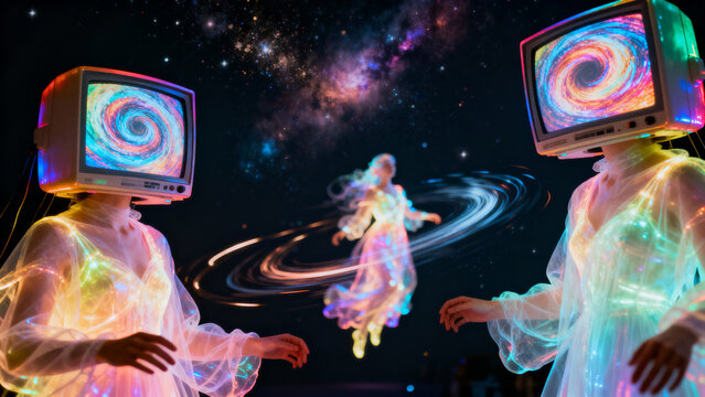 Abstract, glowing figures with prismatic TV heads showing psychedelic colors, floating in a cosmic void with nebulae.