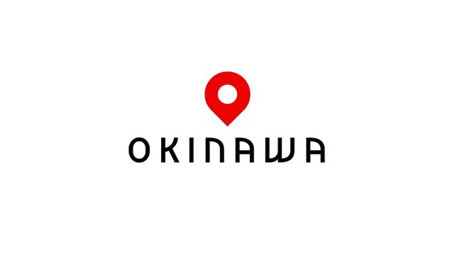 Japanese Okinawa prefecture name animation with map pin location icon symbol on white background