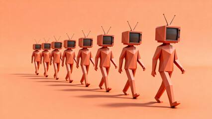 Group of people walking with an old television instead of head. Control and manipulation of mass media. Television audience. Copy space.