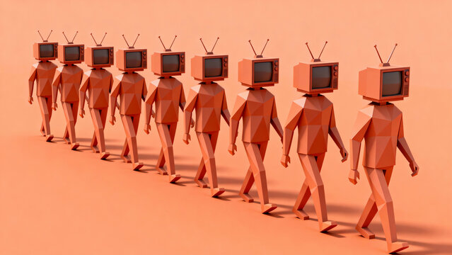 Group of people walking with an old television instead of head. Control and manipulation of mass media. Television audience. Copy space.