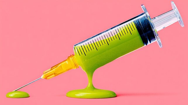 A large syringe with bright green liquid oozing out, set against a pink background