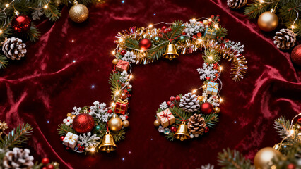 Musical note made from a festive mix of tiny Christmas ornaments, bells, tinsel, pinecones, and fairy lights, against a deep crimson velvet background.
