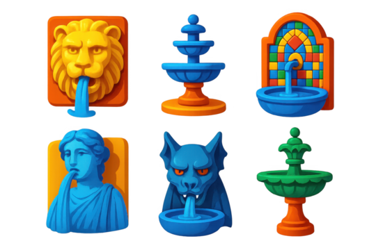 Set of six different colored and stylized fountains and statues