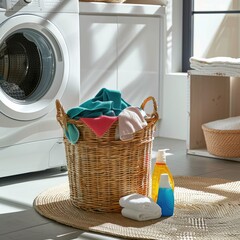 A laundry basket filled with a variety of colorful bright clothes stands in the bathroom against the background of a washing machine.