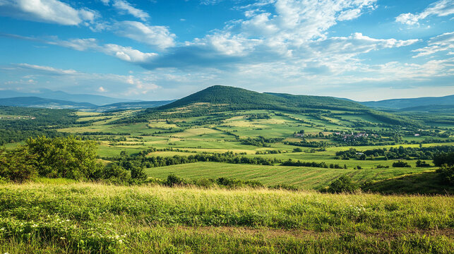 Natural panoramic summer landscape with lush green fields across rolling hills under a blue sky with clouds in early morning light creating a serene, vibrant, and picturesque countryside scene