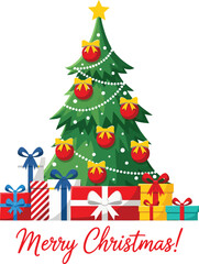 Naklejka premium Decorated christmas tree with presents and merry christmas text