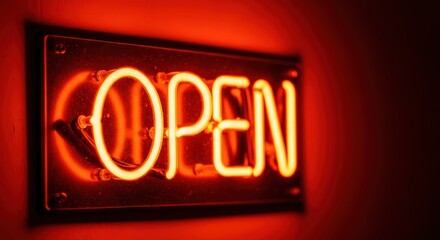 Glowing storefront: a brightly lit neon sign proclaiming the shop is open